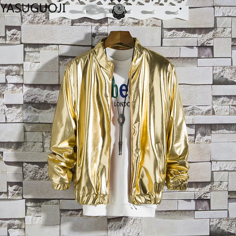 YASUGUOJI-Chaqueta brillante para hombre, ropa de calle y plateado brillante de Color dorado, abrigos y chaquetas de Hip Hop para primavera