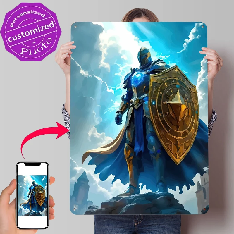Knight in Blue Armor With Golden Shield Tinplate Poster Customized Wall Art Retro Vintage Metal Signs for Fans Garage Decoration