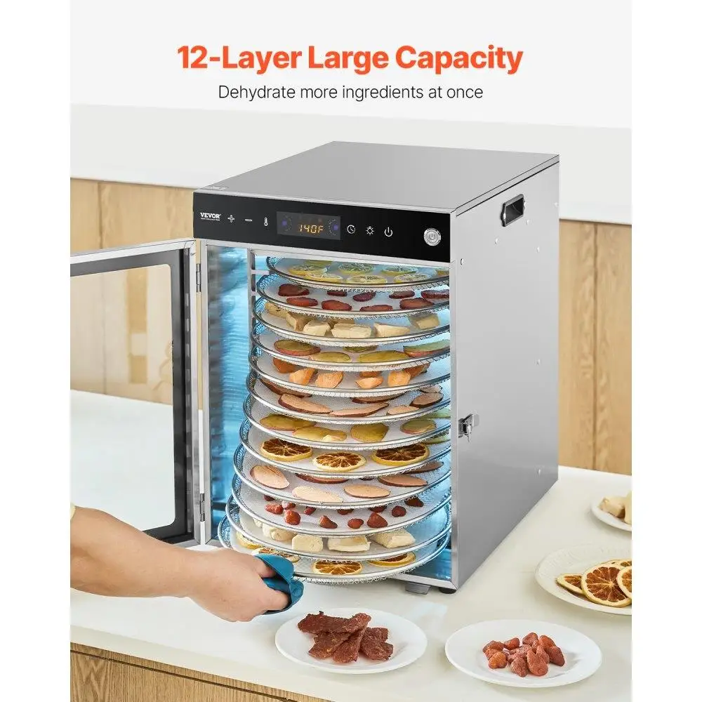 เครื่องขจัดน้ําออกแบบหมุน 12 ถาดสแตนเลส 800W และการอบแห้งผลไม้