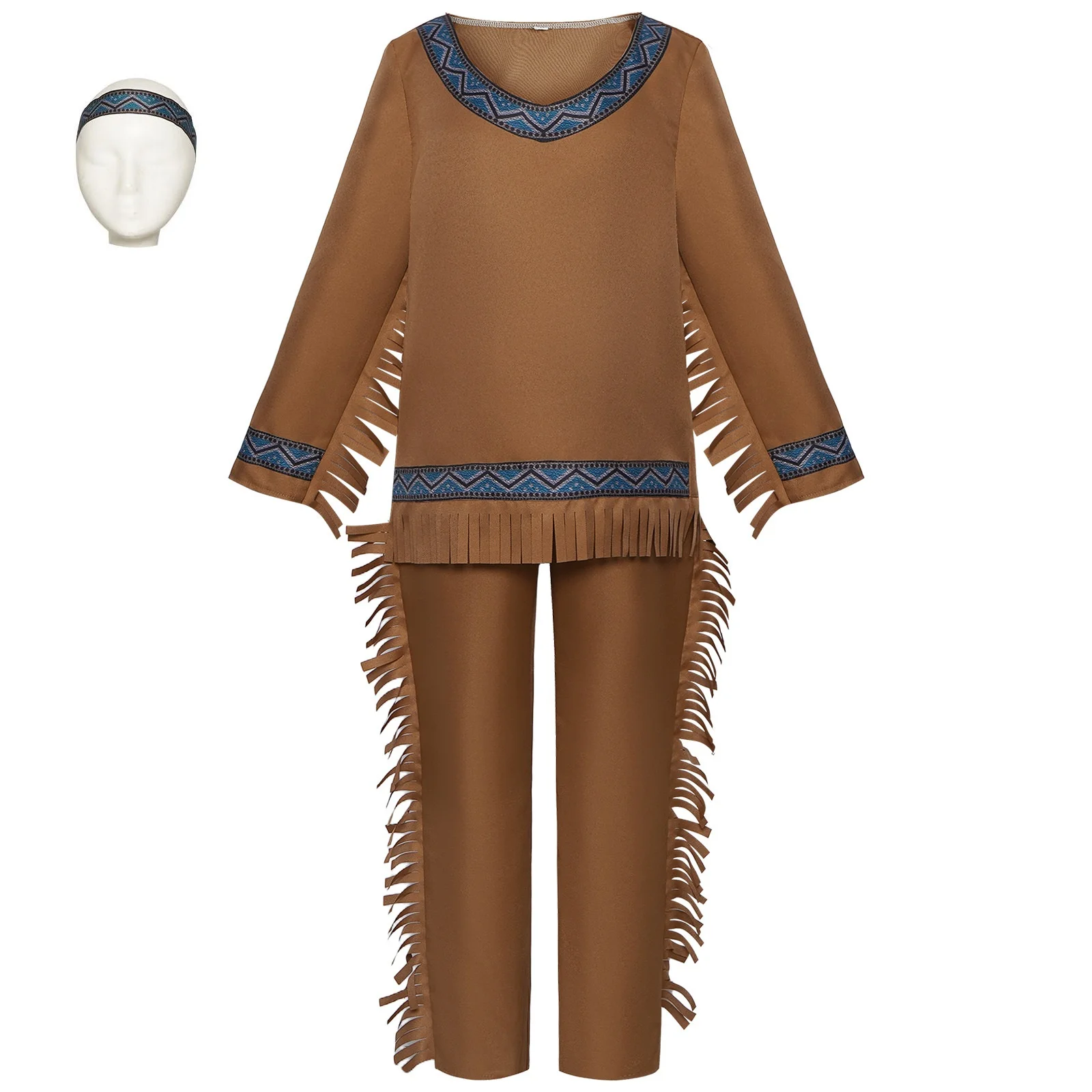 Anime Game Indian Chief Cosplay Costumes for Kids Halloween Stage Performance Two Pieces Outfits Khaki Top Pants with Headgear