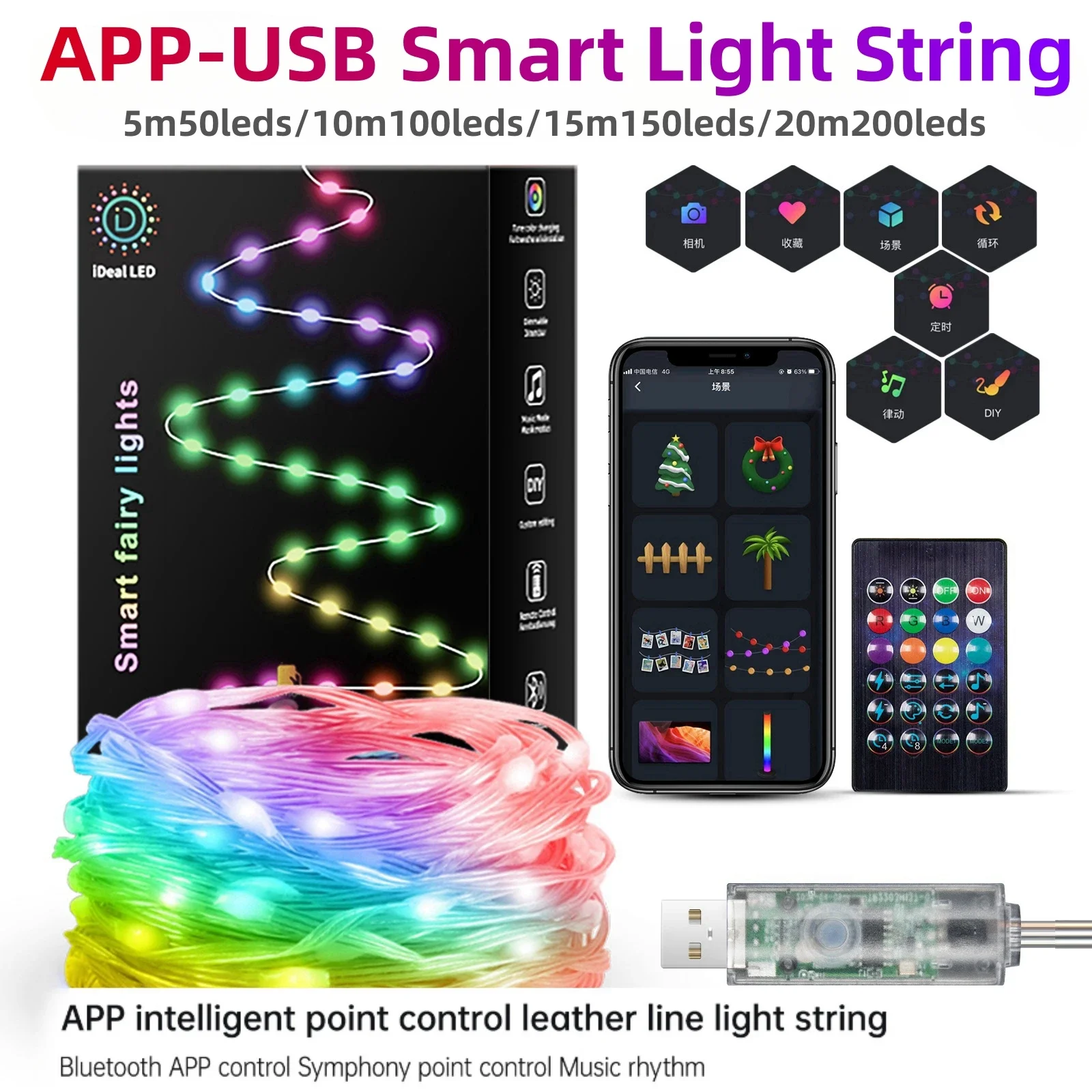 

5V USB Dreamcolor Rgb WS2812B Smart Music APP Waterproof Fairy Light String Christmas Party Garland Light Curtain Room Led Strip