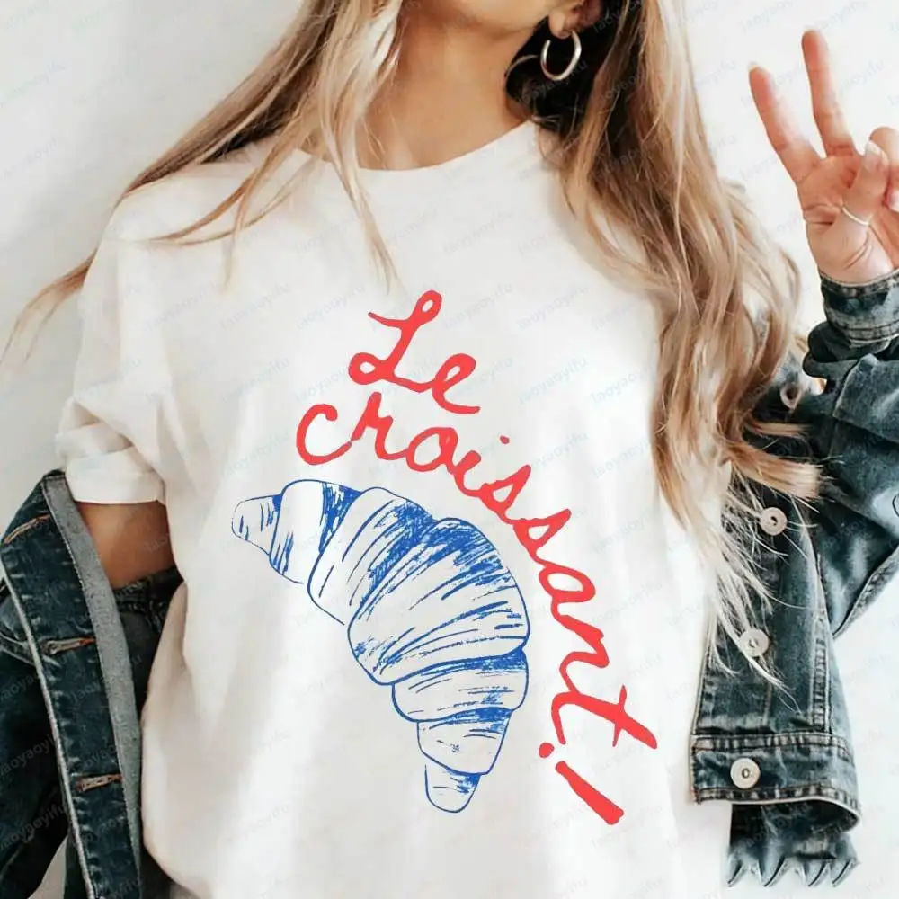 

Women's Retro Le Croissant T-Shirt French Blue Red Aesthetic Graphic Tee Cotton Short Sleeve Tshirt Summer Cute France Lover Top