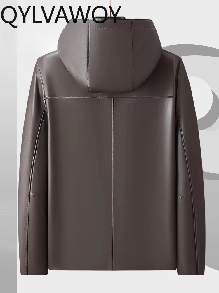 QYLVAWOY خريف شتاء جديد الراقية جلد الغنم الحقيقي الرجال سترة جلدية مقنعين الجلود النقية عادية أنيق ملابس خارجية دافئة LJ2673 #2