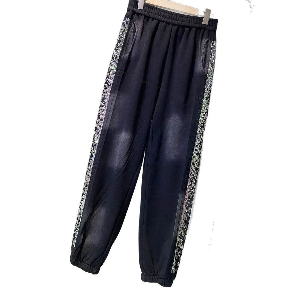 Large Size Women Sports Pants 2025 New Autumn Winter Shiny Hot Drilling Casual Harem Pants All-match Elastic Waist Long Trousers