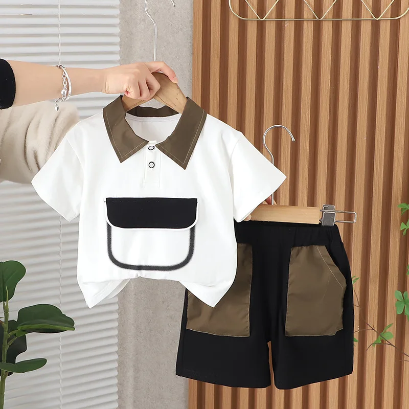 Boys short sleeve suit summer new style casual color combination large pocket lapel short sleeve two-piece cool