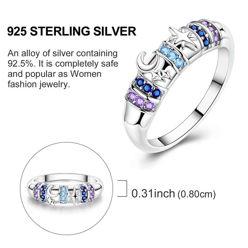 Women's 925 Silver Sun Moon Stars Ring, Sparkling Design