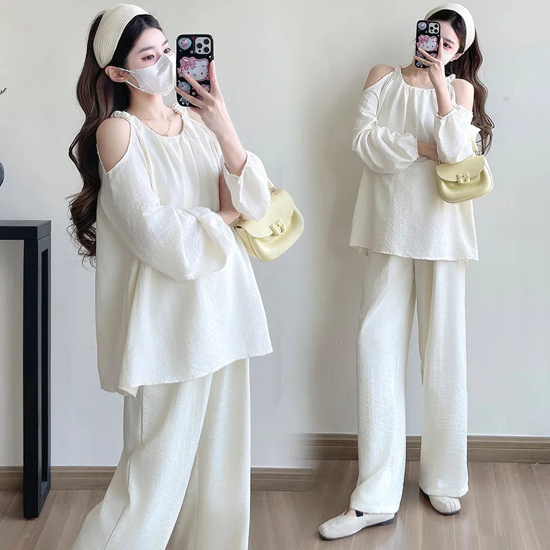 Traje de maternidad 2025, otoño, estilo francés, elegante, minimalista, perezoso, cuello redondo, Top con hombros descubiertos y pantalones de pierna ancha, conjunto de dos piezas
