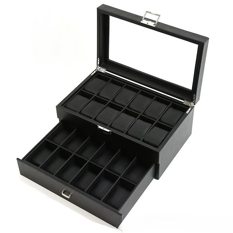 Double Layer Watch Box with Slots Leather Organizer for Display Storage Case