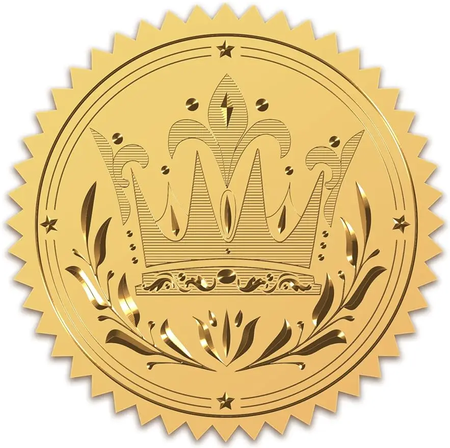 

50mm Gold Foil Sticker Crown 100pcs Certificate Seals Gold Embossed Round Embossed Foil Seal Stickers for Envelopes Invitation