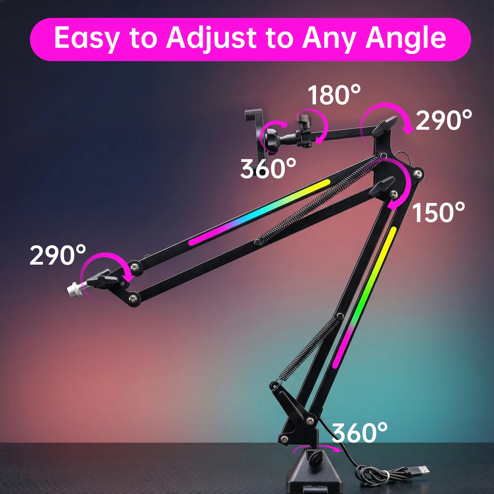 Microphone Arm Stand Phone Holder RGB Button 3/8 Desk Mount Clamp Metal Adjustable Mic Arm Stand Microphone Cantilever Bracket