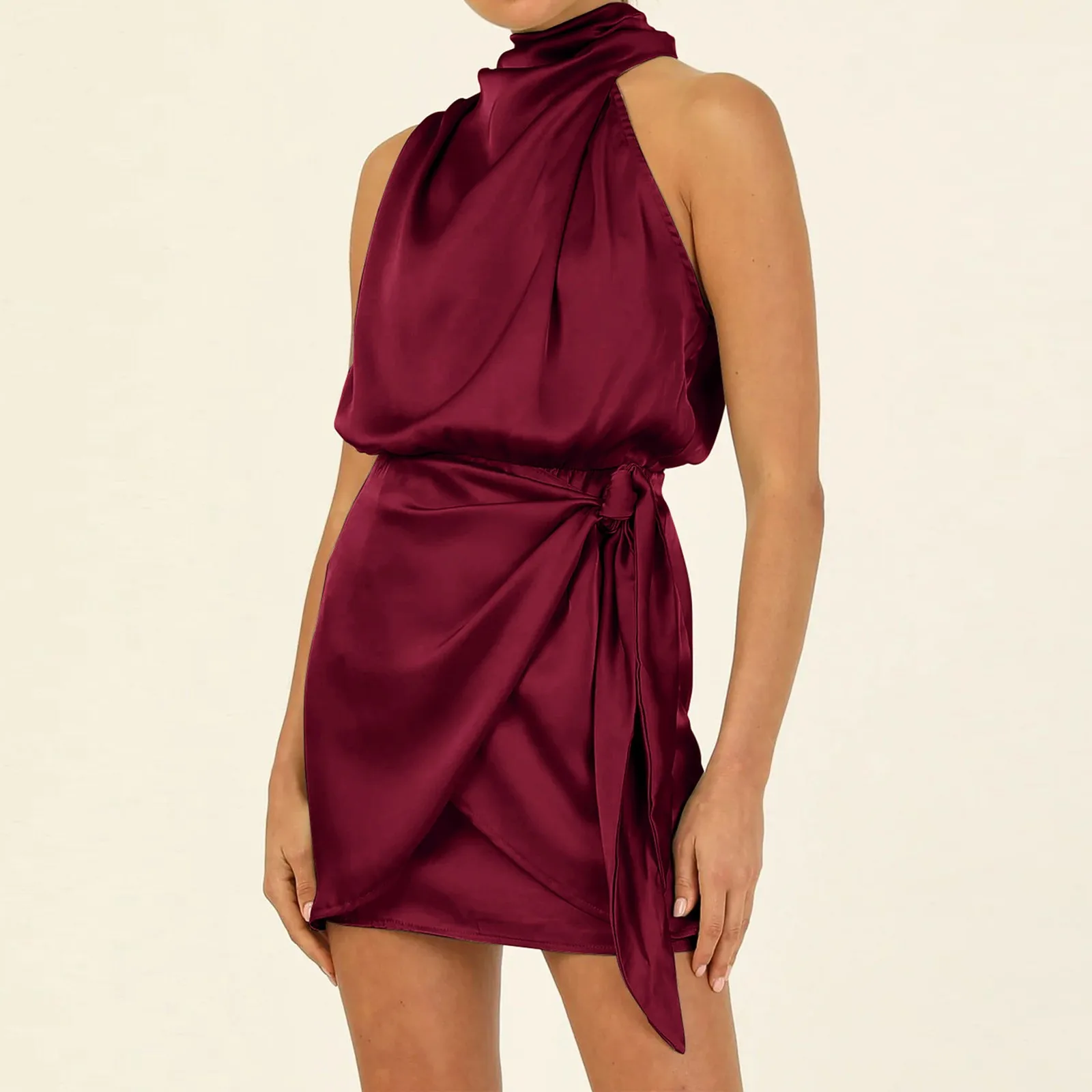 

Women's Satin Short Dress Sleeveless Rear Zipper Turtleneck Tie Waist Wrap Tight Solid Cocktail Mini Dress Elegant Party Dresses