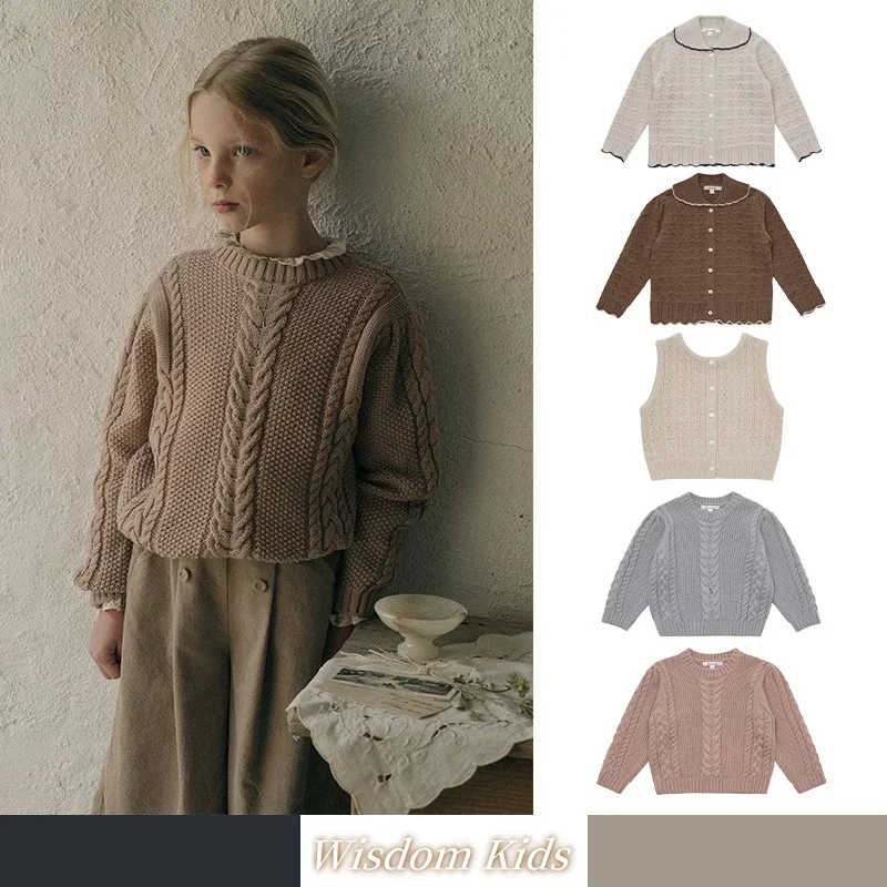 LOU 2024 Autumn/Winter New Girl\'s Long Sleeve Woolen Coat Solid Color Cardigan Sweater Coat Knitted Vest