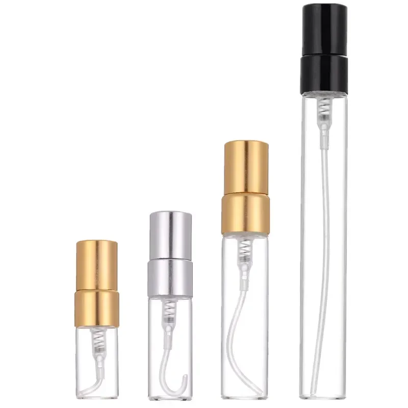 50/100pcs 2ml 3ml 5ml 10ml Glass Perfume Bottle with Metal Spray Empty Cosmetic Bottles Atomizer Refillable Glass Vials