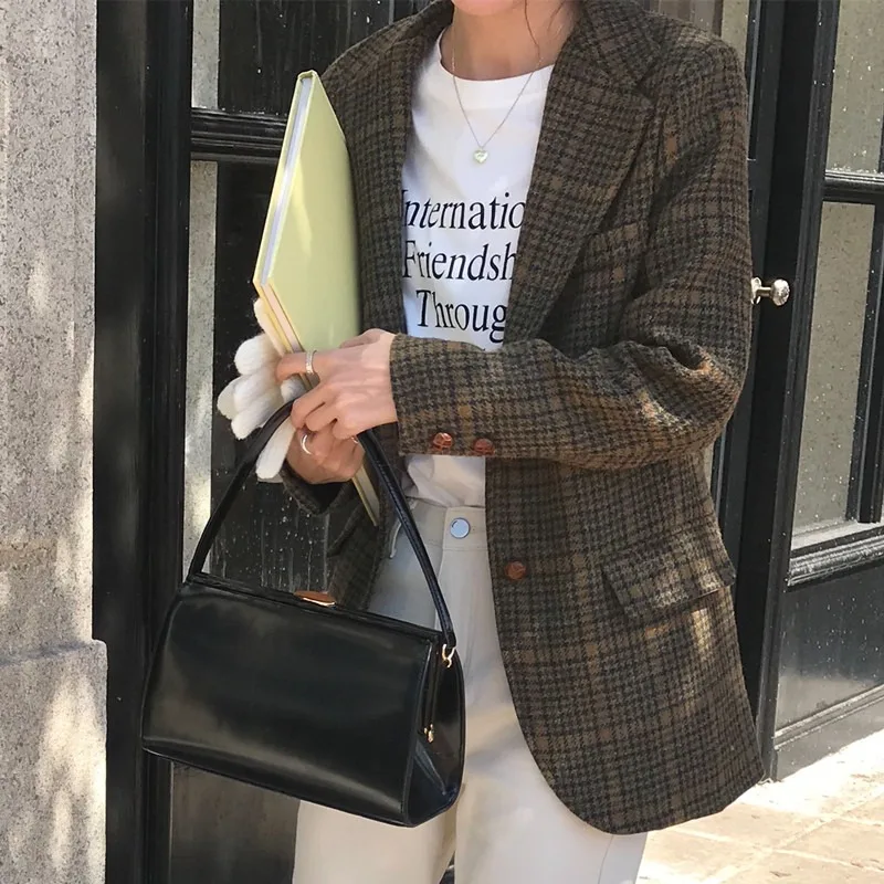 Women's Autumn and Winter Casual Blazer Jacket Retro Houndstooth Lapel Single-breasted Wool Coat Top