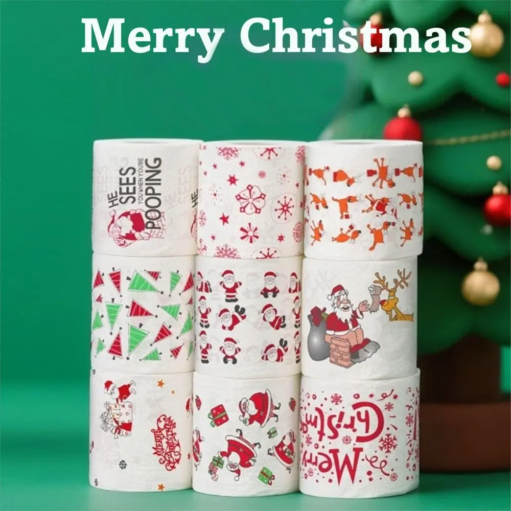 Santa Printed Christmas Toilet Roll Paper Christmas Tree Printed Color Pattern Xmas Tissue Roll Kitchen Tool Christmas Supplies