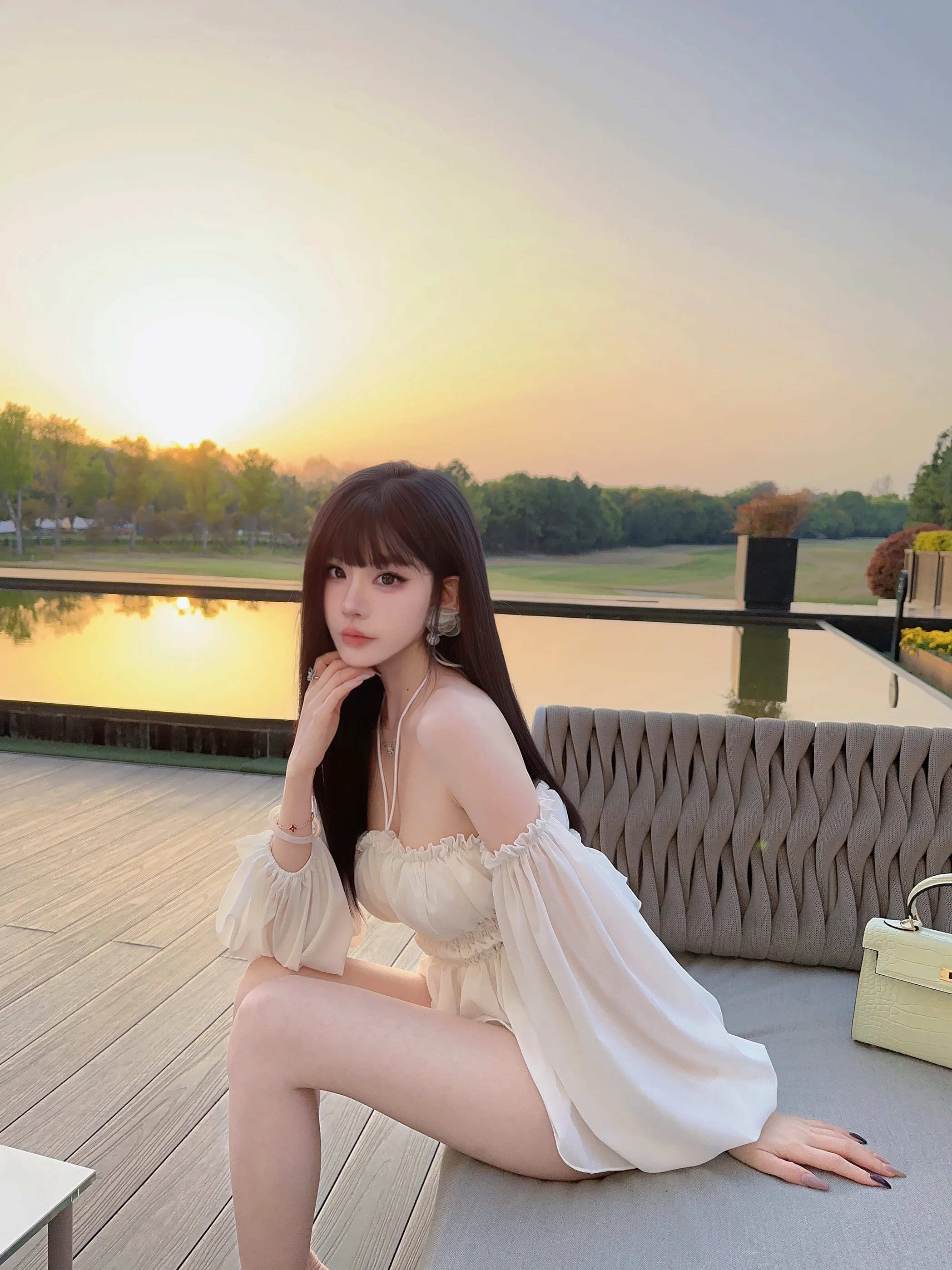 

Ele Off-oulder Bubble-Sve Wrap Waist Chiffon Top Women's Commute Sle Pure Color Slim Fit Two-Piece Set Summer 2025