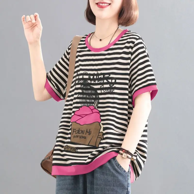 

Fashion O-Neck Spliced Printed Cartoon Striped T-Shirts Women's Clothing 2025 Summer New Loose All-match Tops Casual Tee Shirt