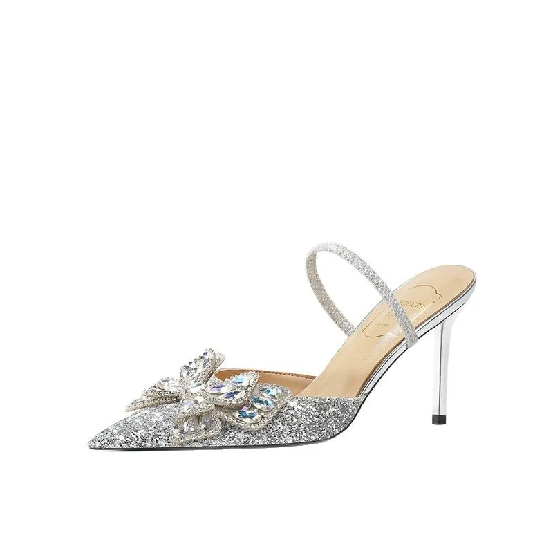 

Xiaoxiang, летние модные крутые тапочки на высоком каблуке с острым носком, модная женская обувь с бантом и стразами, Zapatillas De Mujer на высоком каблуке