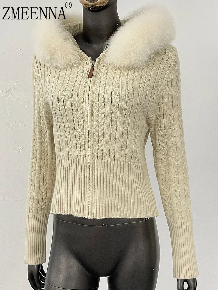 

ZMEENNA Women's Zippered Cardigan Sweater With Luxurious White Faux Fur Hood Trim Elegant Warm Knit Jacket Chic Cozy ZM3411