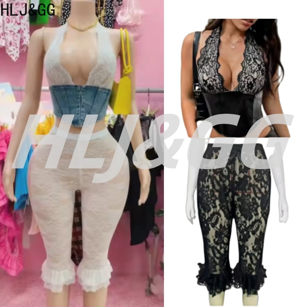

HLJ&GG Fashion Lace Denim Splicing Halter Vest Two Piece Sets Women Sleeveless Backless Crop Top And See Through Shorts Outfits
