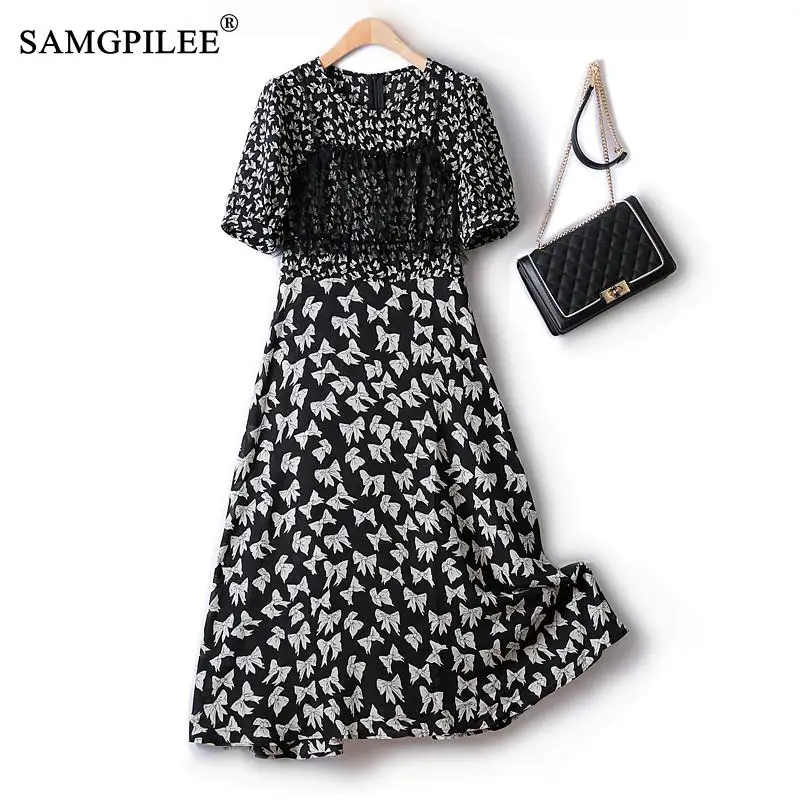 

Women's Summer Dress 2022 New Pinch Pleated Elastic Bow Print Over The Knee Thin And Slim Korean Fashion Chiffon Party Dresses