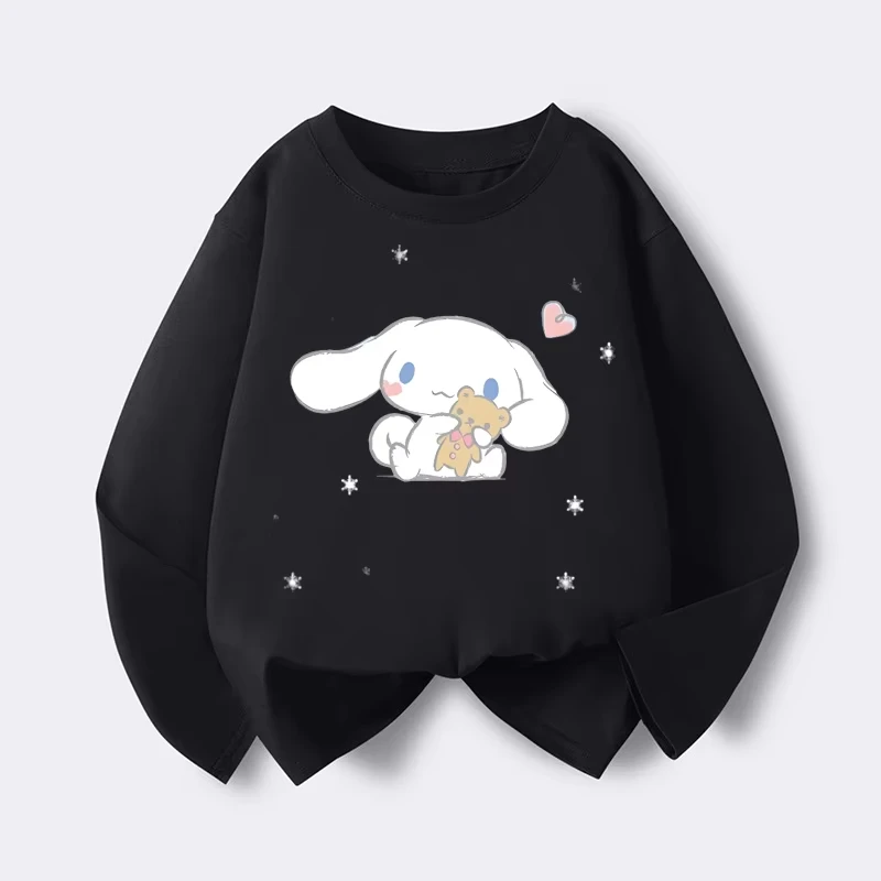 Sanrio Series Printed Crew Neck Long-Sleeve Top, Cute and Warm Fleece-Lined Crew Neck Long-Sleeve T-Shirt, 100% Cotton