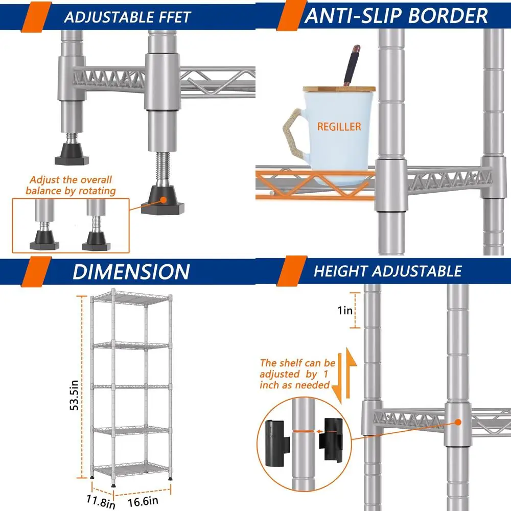 

Регулируемый 5-ярусный металлический стеллаж для кухни, прачечной и кладовой - серебристый, 11.8x16.6x53.5