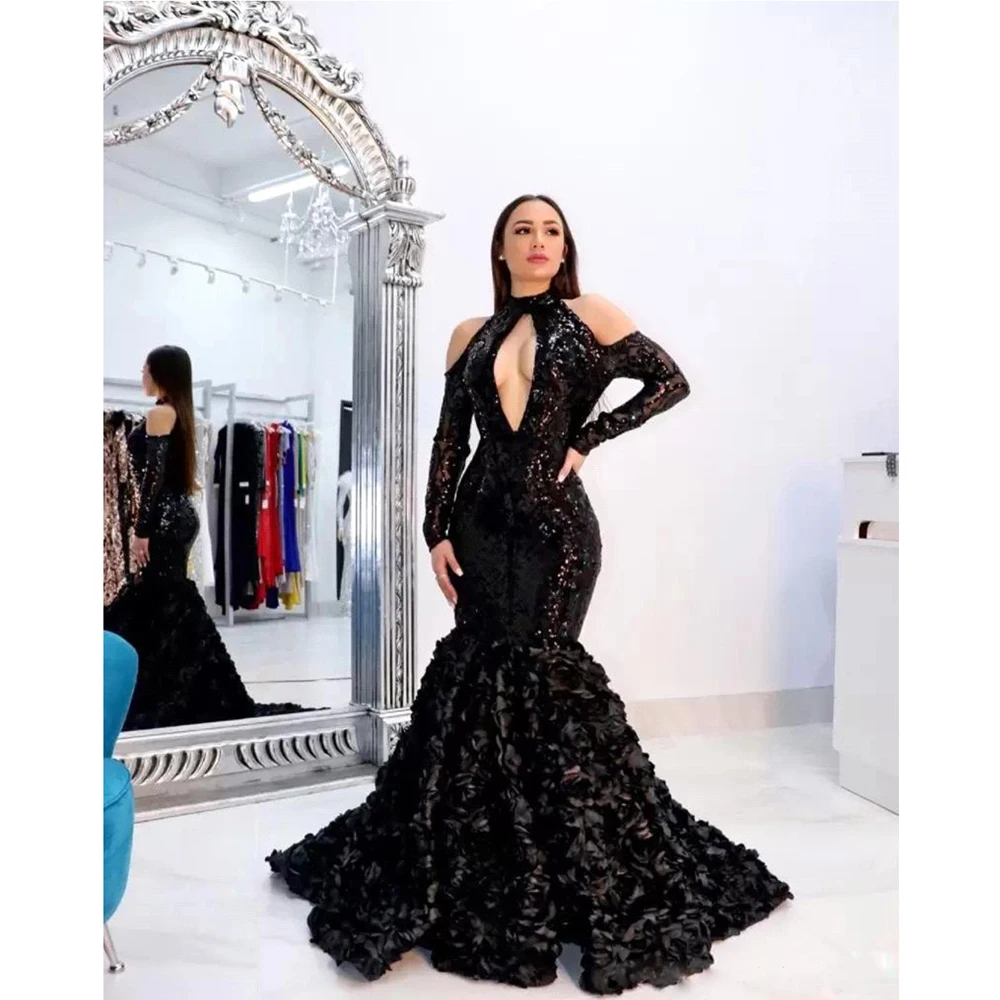 

Latest Black Lace Sequin Evening Dresses Mermaid Long Sleeves Flare Floral Wedding Party Prom Gowns Vestido De Gala Custom Made