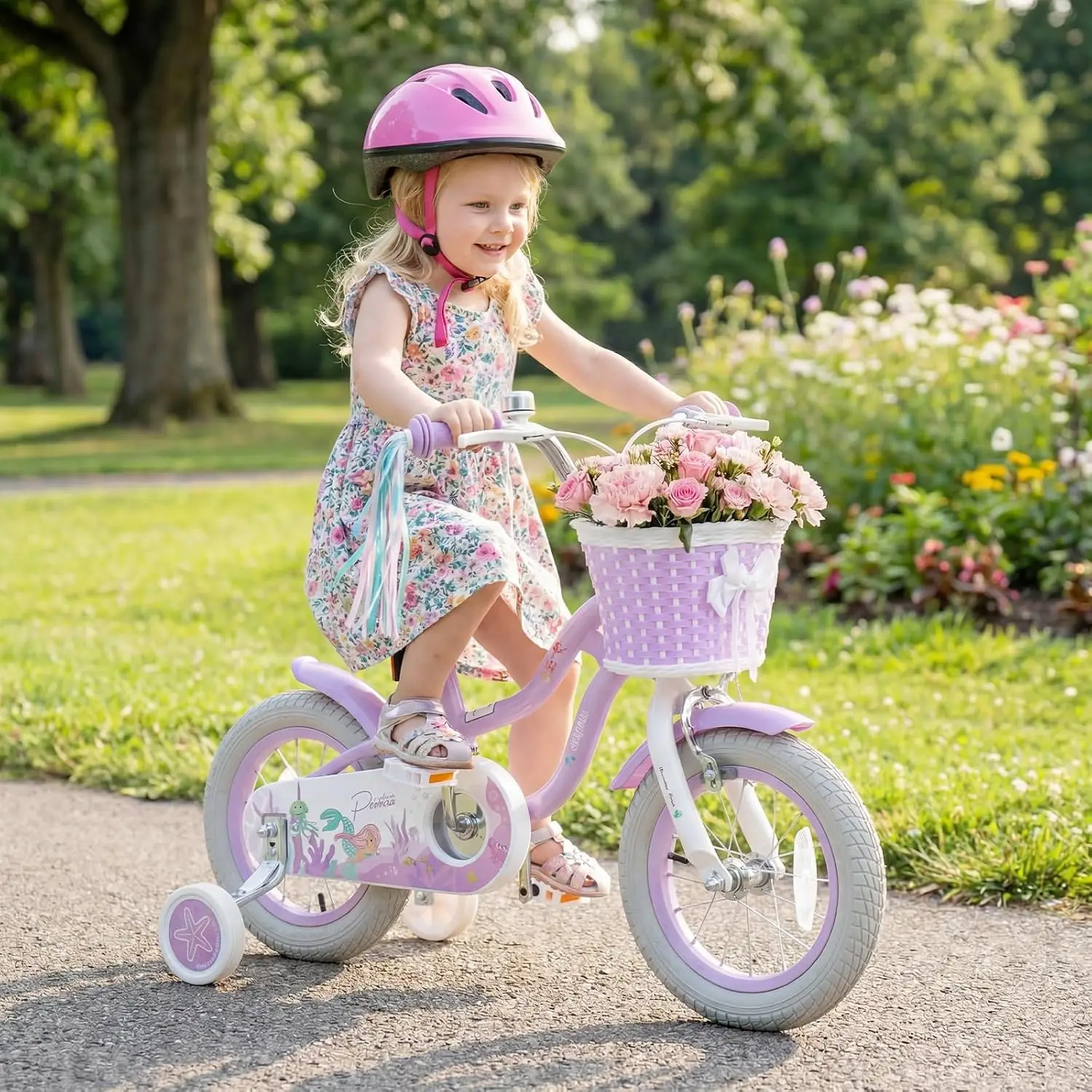 12-20 Inch Mermaid Theme Girls Bicycle with Training Wheels Basket Adjustable Seat and Handlebar Dual Brake