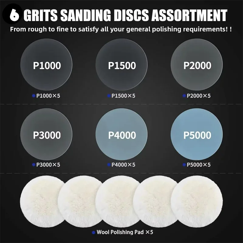 38PCS 5 Inch 125MM Wet and Dry Sanding Paper 1000-5000 Grit with Wool Pad Baacking Pad for Drill Polisher Sanding Attachment