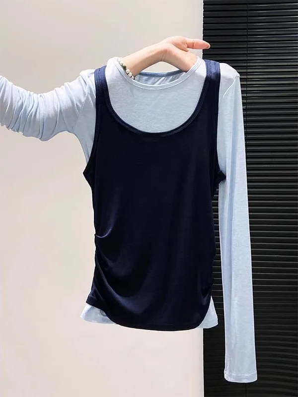 Conjunto de Camiseta de Manga Larga Color Blo para Mujer, Estilo Coreano, Informal, Sencillo, con Cintura Plegada, Estiliza la Figura, para Otoño