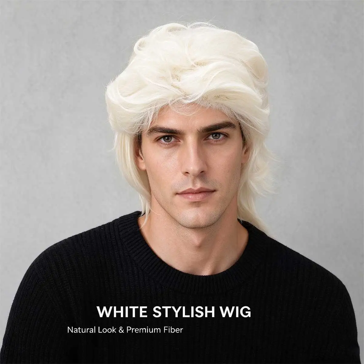 Men's White Mullet Wig, Fluffy Wavy Layered Synthetic Costume Wig, Natural Looking White Wig for Halloween Party Cosplay