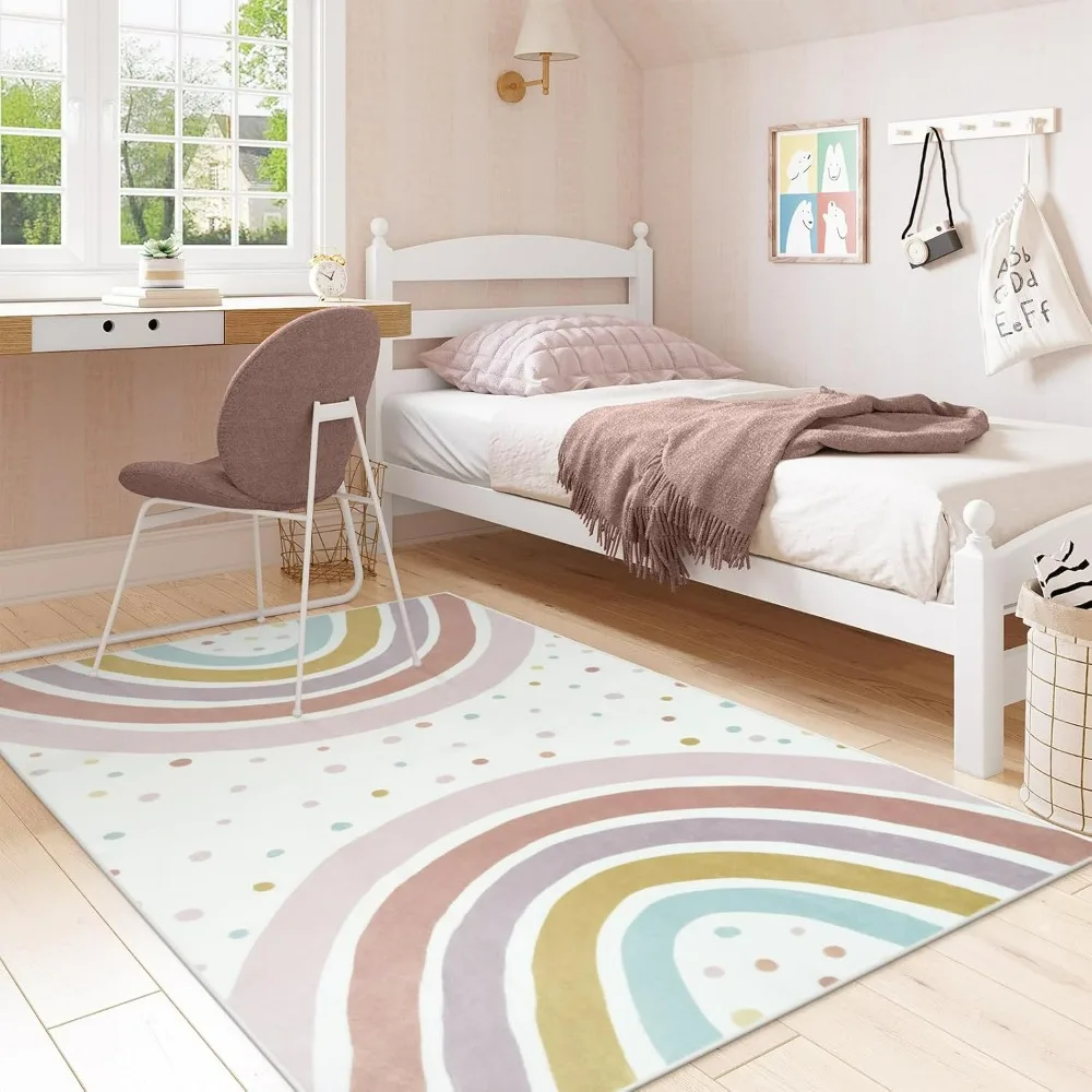 Elegant Boho Rainbow Wave Dots Area Rug Soft Non-Slip Living Room Carpet for Bedroom Bedside Baby Room Decor Floor Mat Gift
