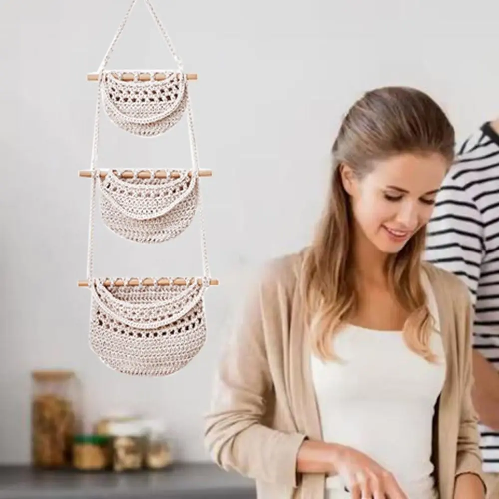 Multifunctional Cotton Rope Hanging Fruit Baskets Simple Stylish 3 Tier Storage Bag Handmade Fruit Net Pocket Closet