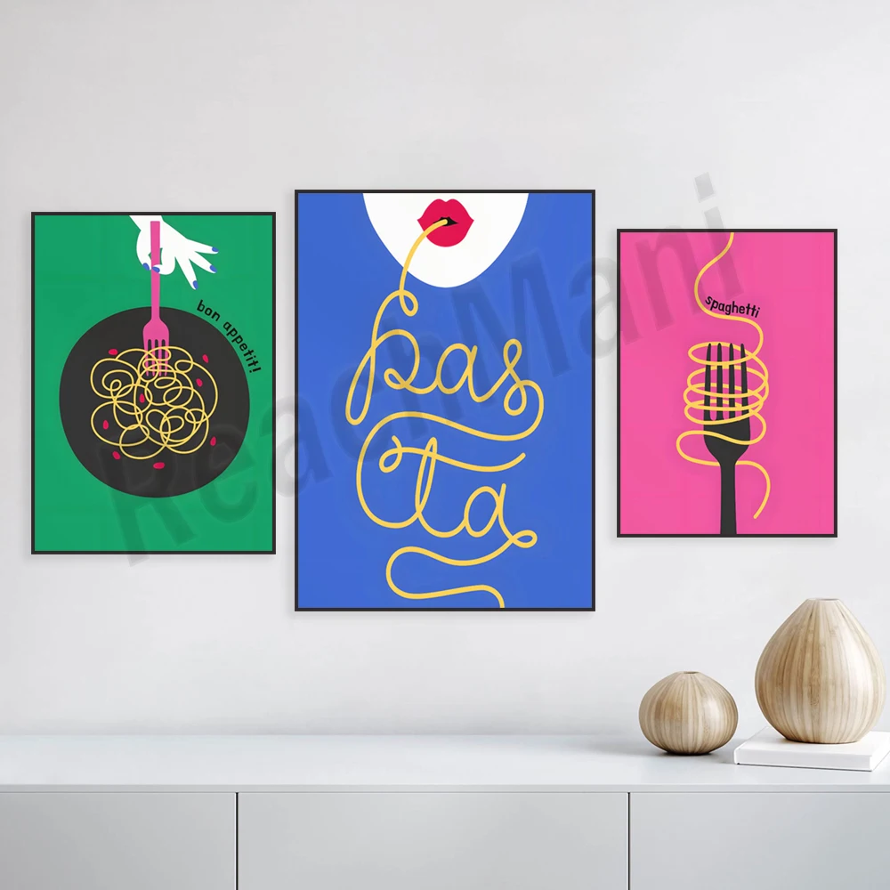 طباعة فنية سباغيتي ملونة، ديكور جدار المطبخ بريبي، طبق المعكرونة، ملصق عشاق المعكرونة