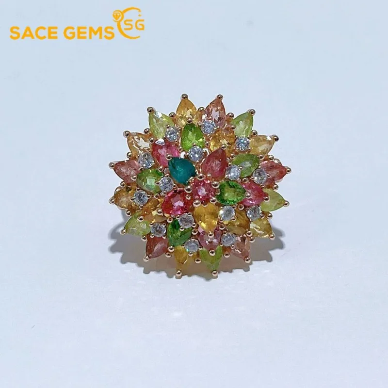 

SACE GEMS 925 Sterling Silver 3*4mm Natural Tourmaline Luxury Rings for Women Created Wedding Engagement Party Fine Jewelry
