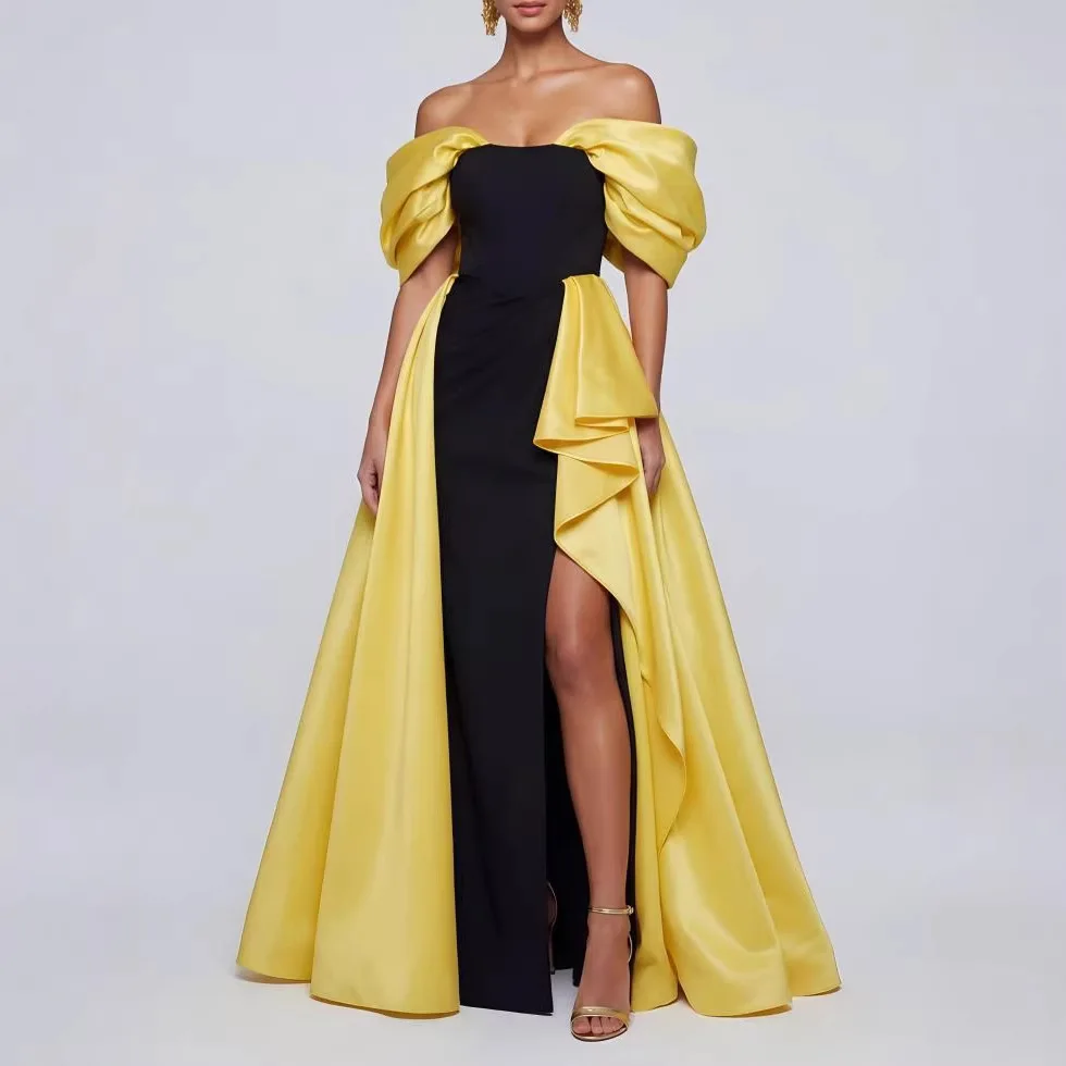 QMANSHA Abito da Sera in Raso Nero e Giallo Taglie Forti, con Spalle Scoperte, Balze e Spacco Alto, Abito Formale da Cerimonia/Festa