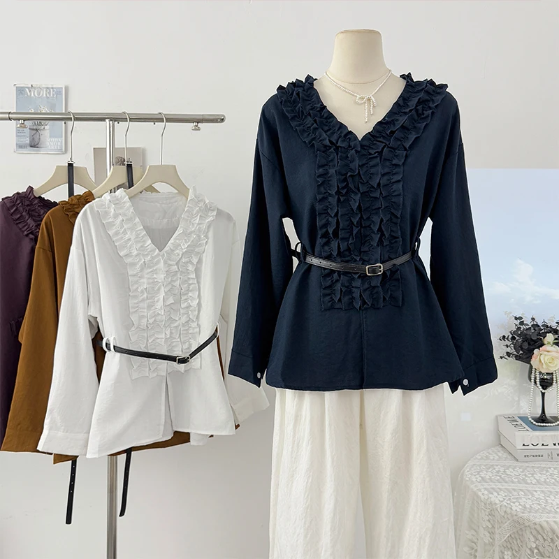 

2025 Women Casual Ruffles Blouse Tops Fashion V Neck Long Sleeve Loose Shirt Spring Autumn High Street Commute Clothing