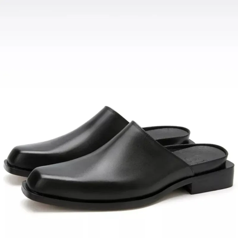 Summer Men Shoes Genuine Leather Slippers Casual Square Toe Slip-On Slides Handmade Mens Mules Shoes Trendy Quality Flip Flops