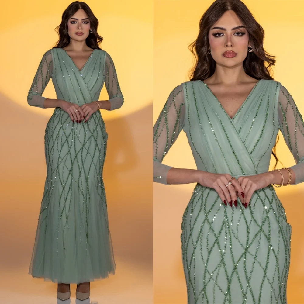 

Customized Mermaid Modern Tulle Evening Dresses Classic V-Neck Homecoming Dresses Temperament Sweep Train Celebrity Gowns