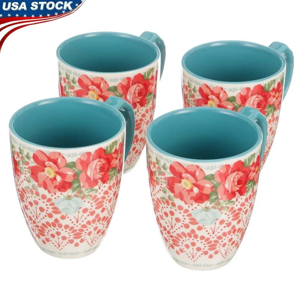 

Vintage Floral Stoneware Latte Mug Set 4 Piece 26oz Dishwasher Microwave Safe Colorful Kitchen Drinkware Ideal Parties Home Use