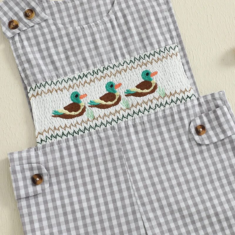 Mameluco sin mangas con cuello redondo para bebés con lindo bordado de oso y patrón a cuadros para diversión de verano