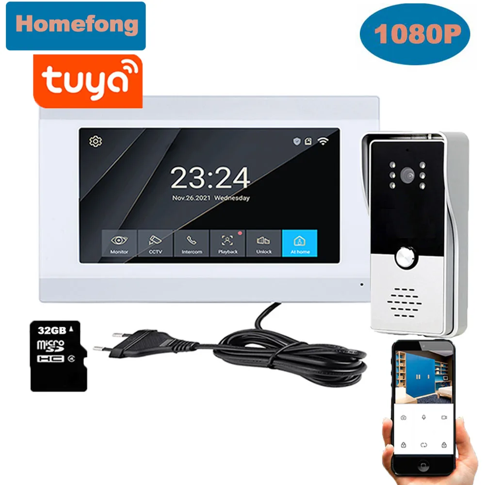 Homefong  1080P Wifi Video Intercom Wireless 7 inch Indoor Monitor Video Door Phone Tuya Smart Mobile Remote Control Unlock Call