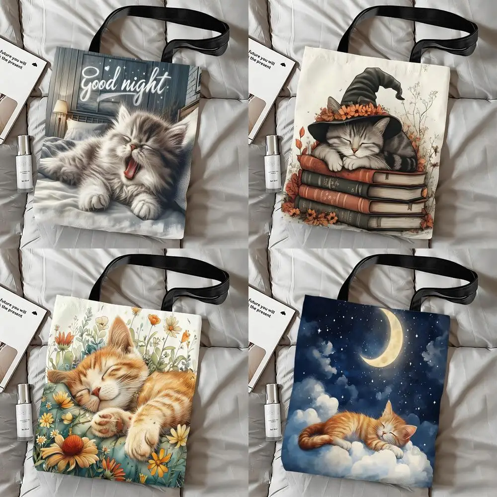 Sleeping Kitten Art Storage Bags Double-Sided Printed Canvas Tote Bag Large Capacity Women Shoulder Handbag
