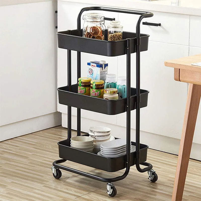 Household mobile kitchen iron multifunctional storage rack three-layer small cart