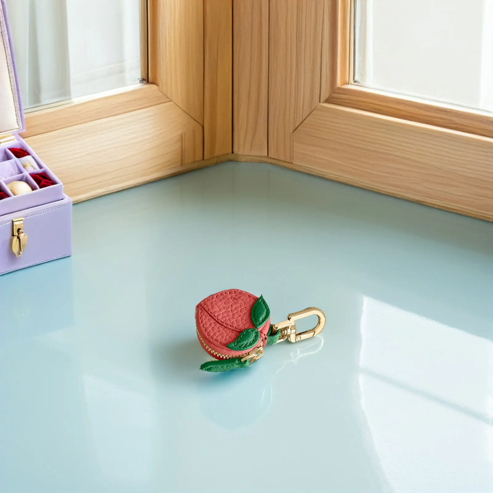Realistic Peach Mini Wallet Keychain Adorable Fruit Charm Coin Pouch for Keys Cards Portable Lightweight Keyring Wallet Cute