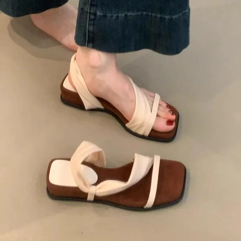 

Temperament Square Head One Word Slipper with Sandals Women Platform Soft Sole Hundred with Skirt Roman Sandals