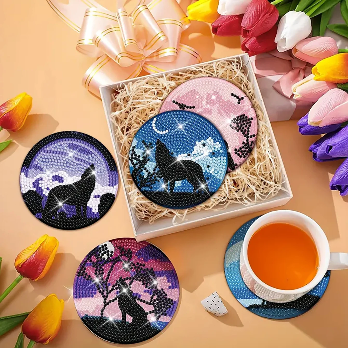 8 pieces/set of animal wolf diamond painting coaster set, DIY coaster with holder, beginner and adult diamond craft gift