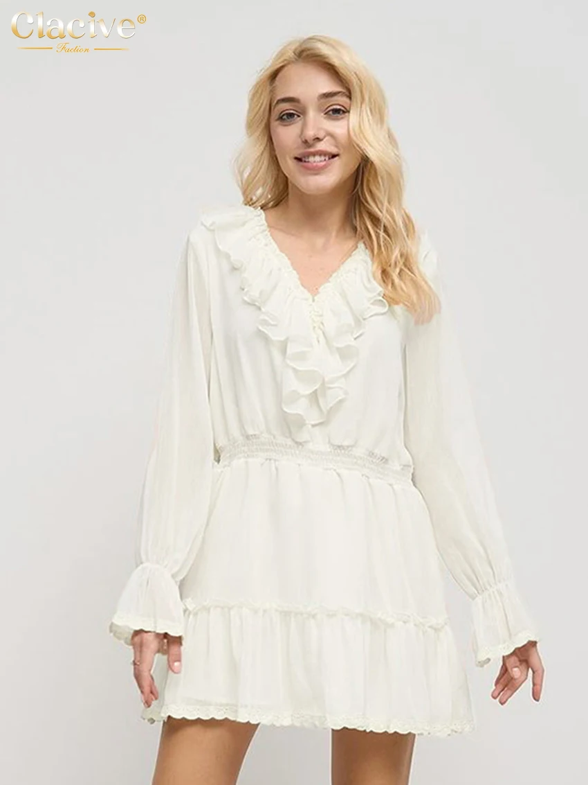 

Clacive Fashion Loose White Dress Lady Casual V-Neck Long Sleeve Mini Dress Elegant Classic Ruffle Pleated Dresses For Women