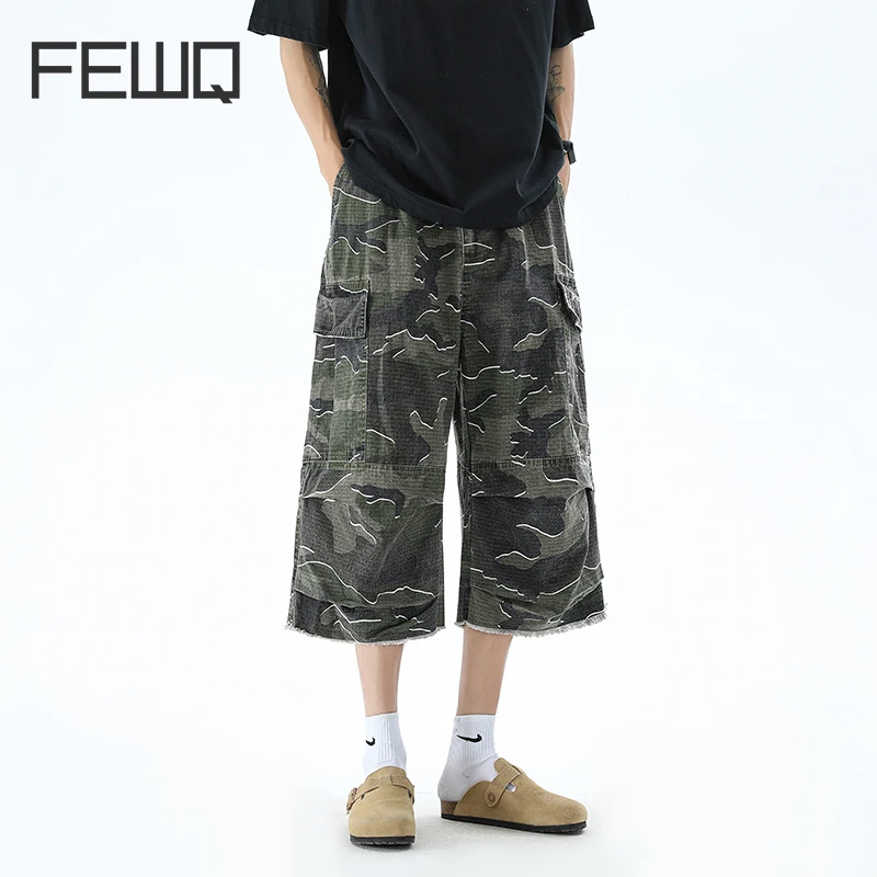 

FEWQ High Street Loose Cut Straight Leg Denim Jeans Male Camouflage Shorts 2024 Contrast Color Male Trousers Fashion 24E1346